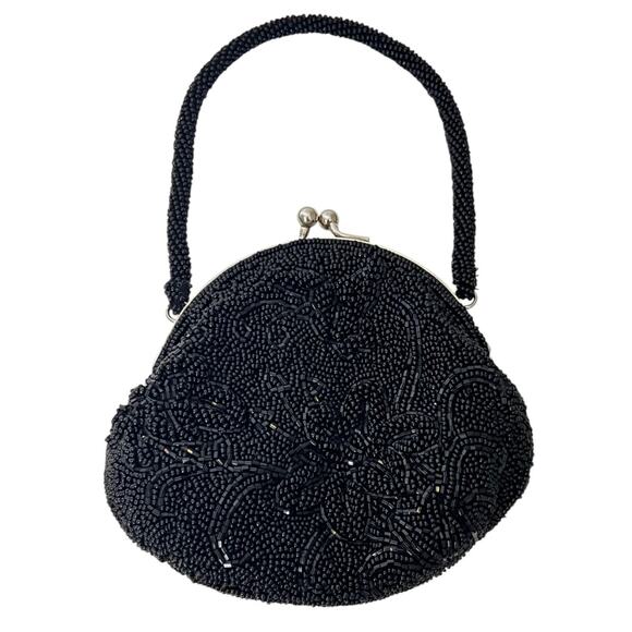 NYTLites Womens Small Beaded Black Purse Silver Tone Kiss Lock Beaded Handle Y2K - Picture 1 of 6